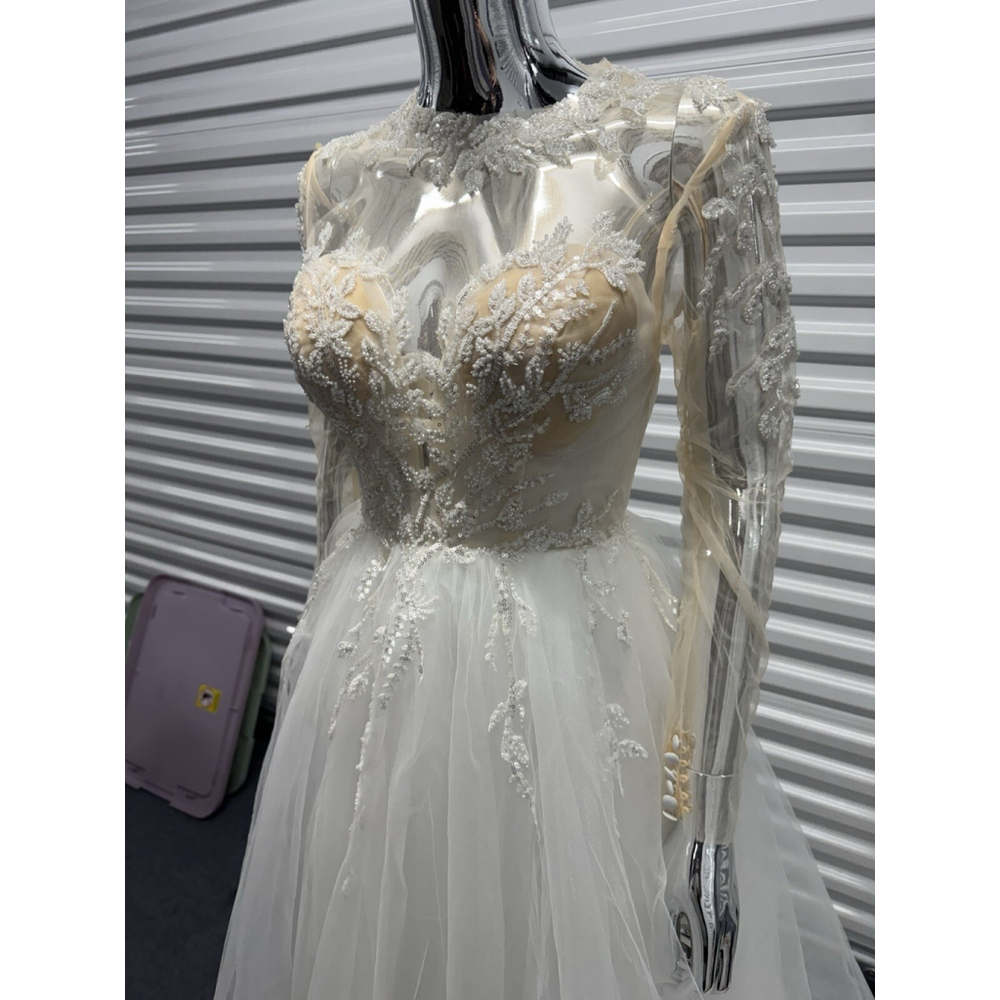 Missacc Petite S Wedding Gown A Line Ball Bridal Gown Beaded Mesh Top Long Sleev - Picture 6 of 9